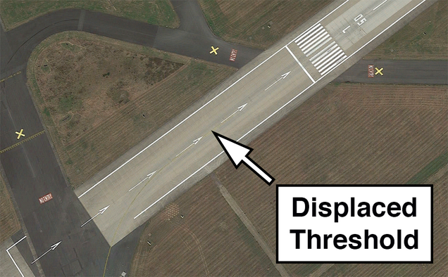 A lengthy displaced threshold of runway 05 left at DĂĽsseldorf Airport (EDDL) in Germany (Google Earth)